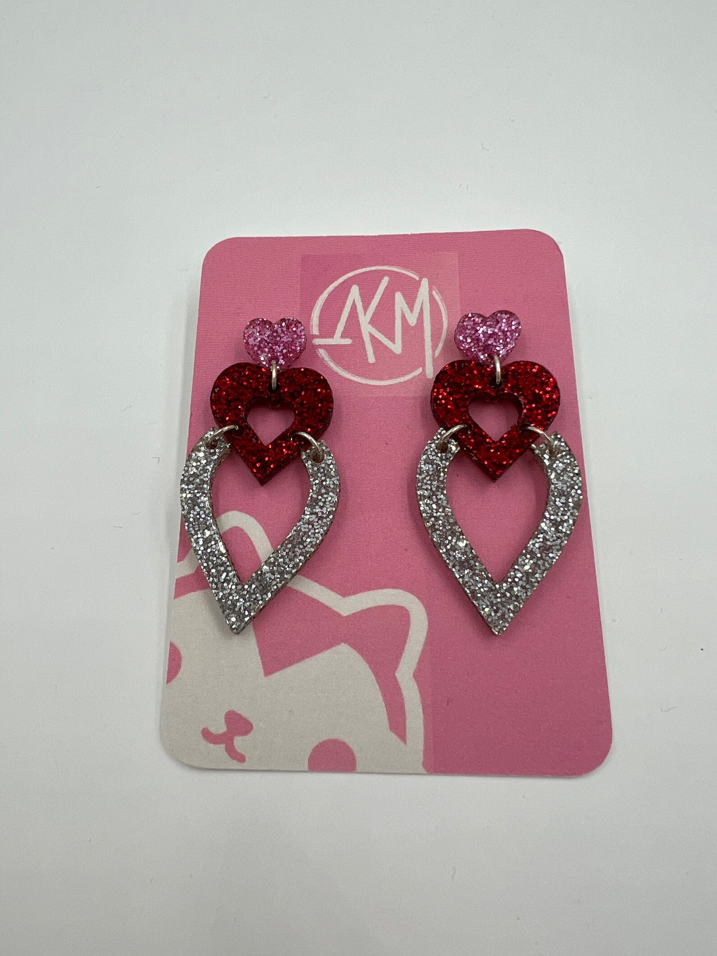 3 Tier Heart Pink Earrings